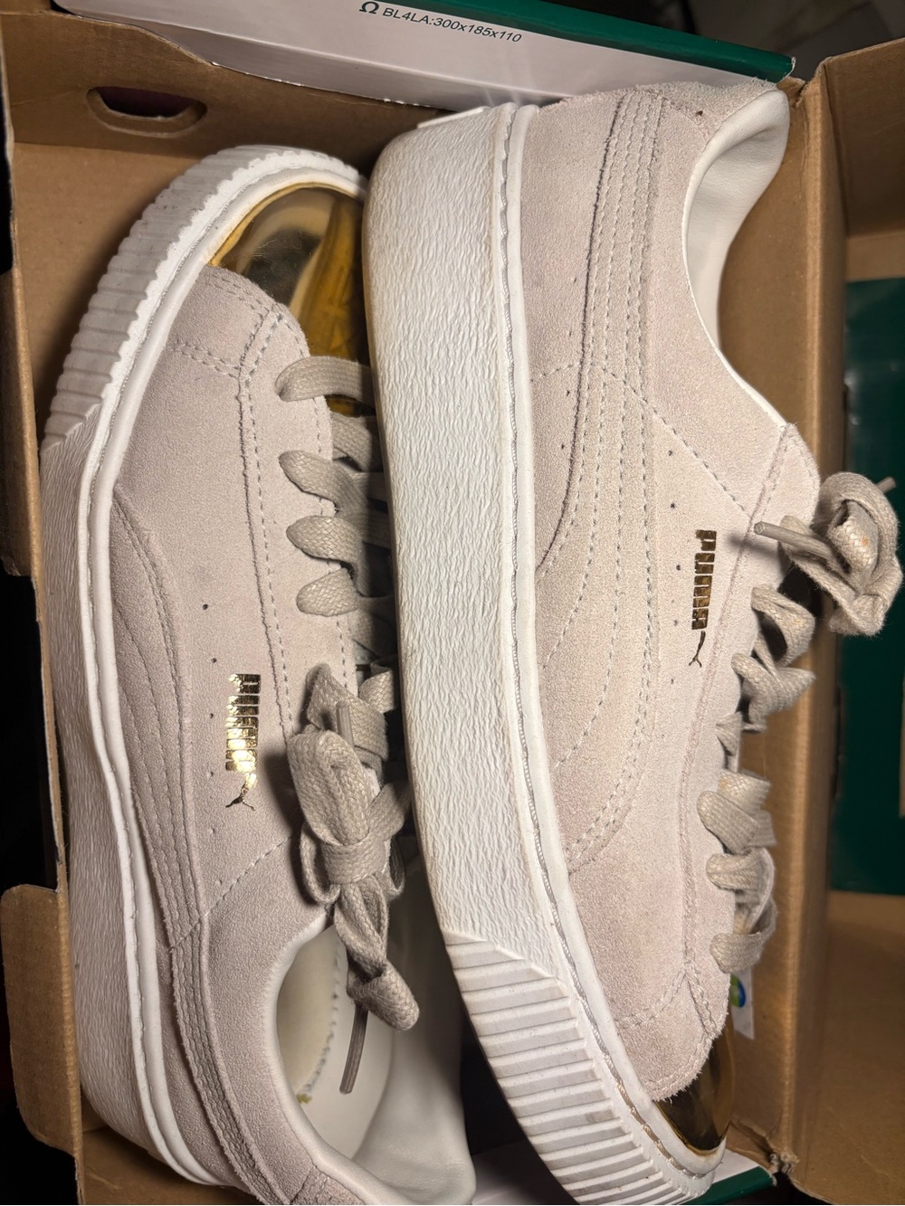 Puma Women’s Suede Platform Sneakers in Light Beige with Gold Accents